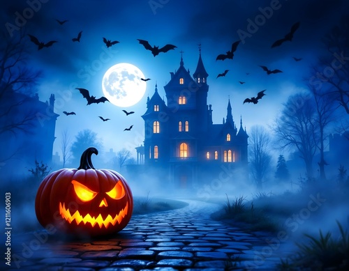 Spooky Halloween scene with a glowing jack-o'-lantern on a cobblestone path, bats flying under a full moon, and a haunted castle in the background. Horizontal composition.