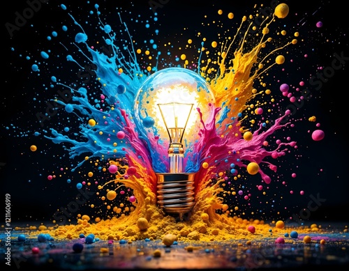 Creative explosion of vibrant blue, yellow, and pink paint splashes around a glowing light bulb, symbolizing innovation and ideas. Horizontal artistic composition.