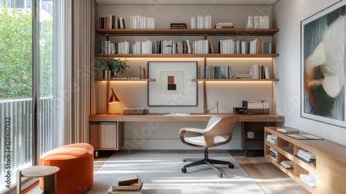 A bright and modern home office featuring a minimalist bookshelf with open shelves, displaying books and decor in a clean, orderly fashion.