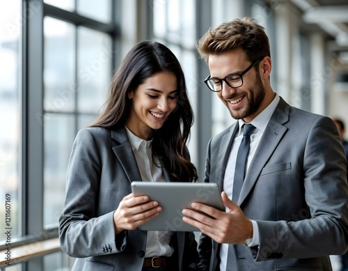 Professional colleagues in formal attire discussing work on a digital tablet in a modern office environment. Horizontal business scene.