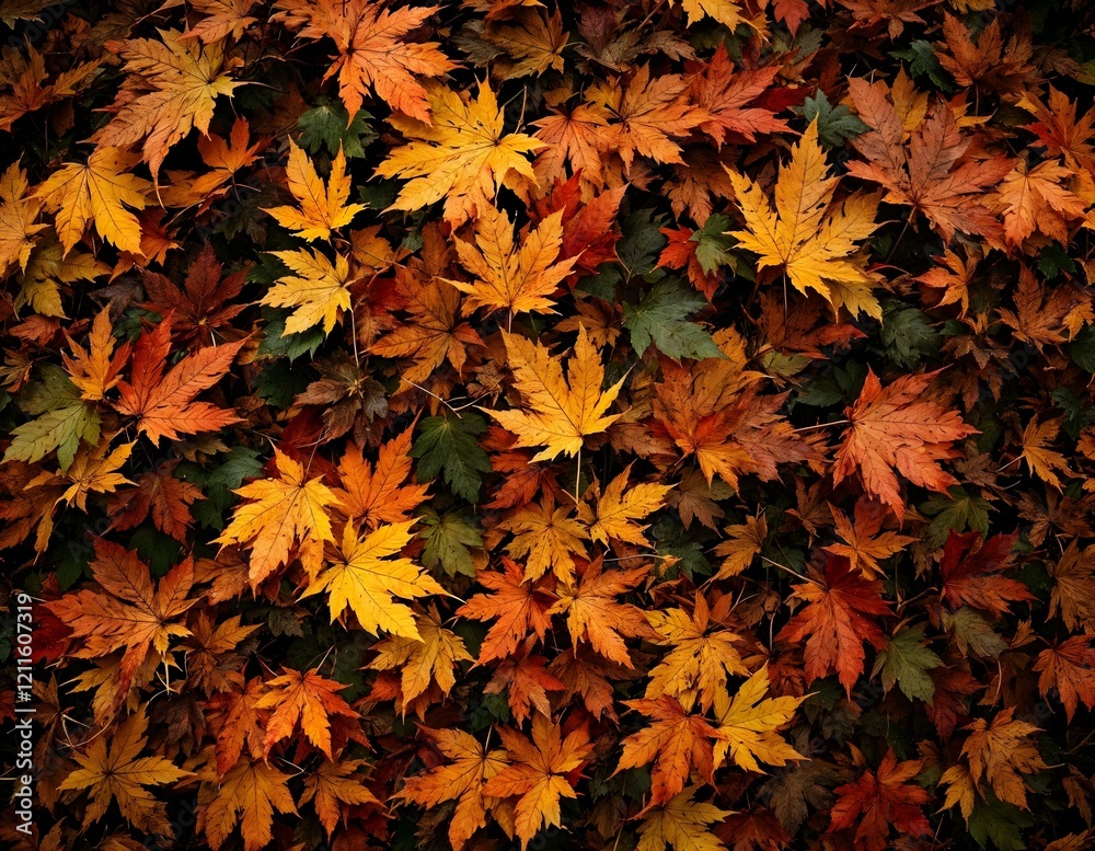 Vibrant autumn leaves in shades of orange, red, and brown creating a textured natural pattern. Horizontal fall-themed composition. Vibrant autumn leaves in shades of orange, red, and brown creating a textured natural pattern. Horizontal fall-themed composition.