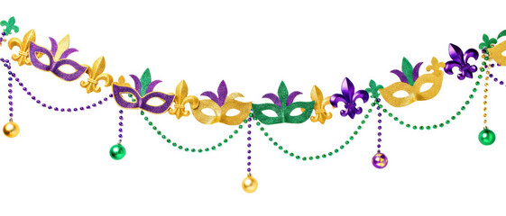 A garland of beads and masks hangs on a white background. Mardi Gras decor