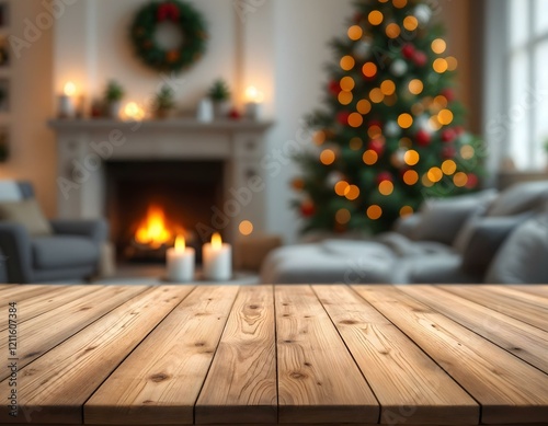 Cozy Christmas living room with a wooden table in the foreground, a decorated tree, fireplace, and glowing candles in the background. Horizontal festive design.