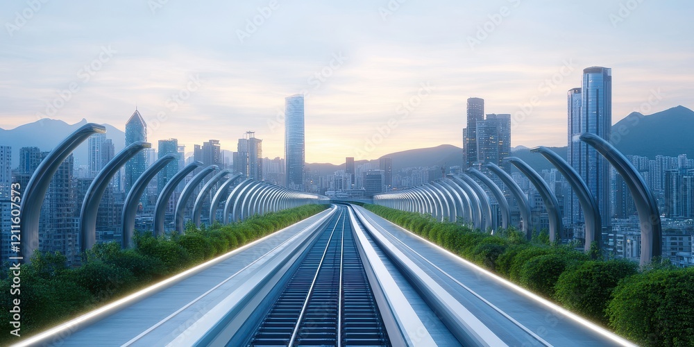 Fototapeta premium Futuristic Hyperloop track seamlessly integrated with renewable energy sources in a sustainable landscape.