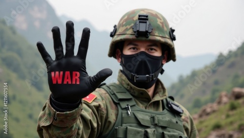 a military man in equipment, wearing a bulletproof vest, his face is not visible in a mask, raised his hand in front of him, spread his fingers, on the patch in front of him it says STOP THE WAR