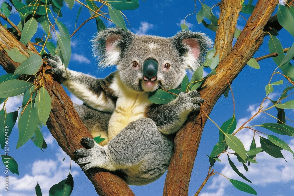 Fototapeta premium A cuddly koala nestled in the fork of a eucalyptus tree, chewing on leaves with a content expression.