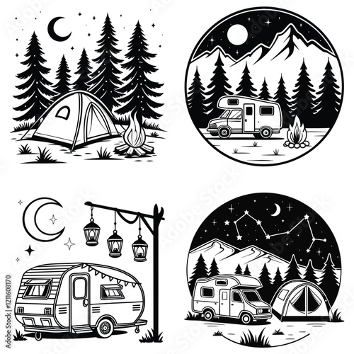 Caravan Trailer Vector Illustration Camping Camper Clipart Design
