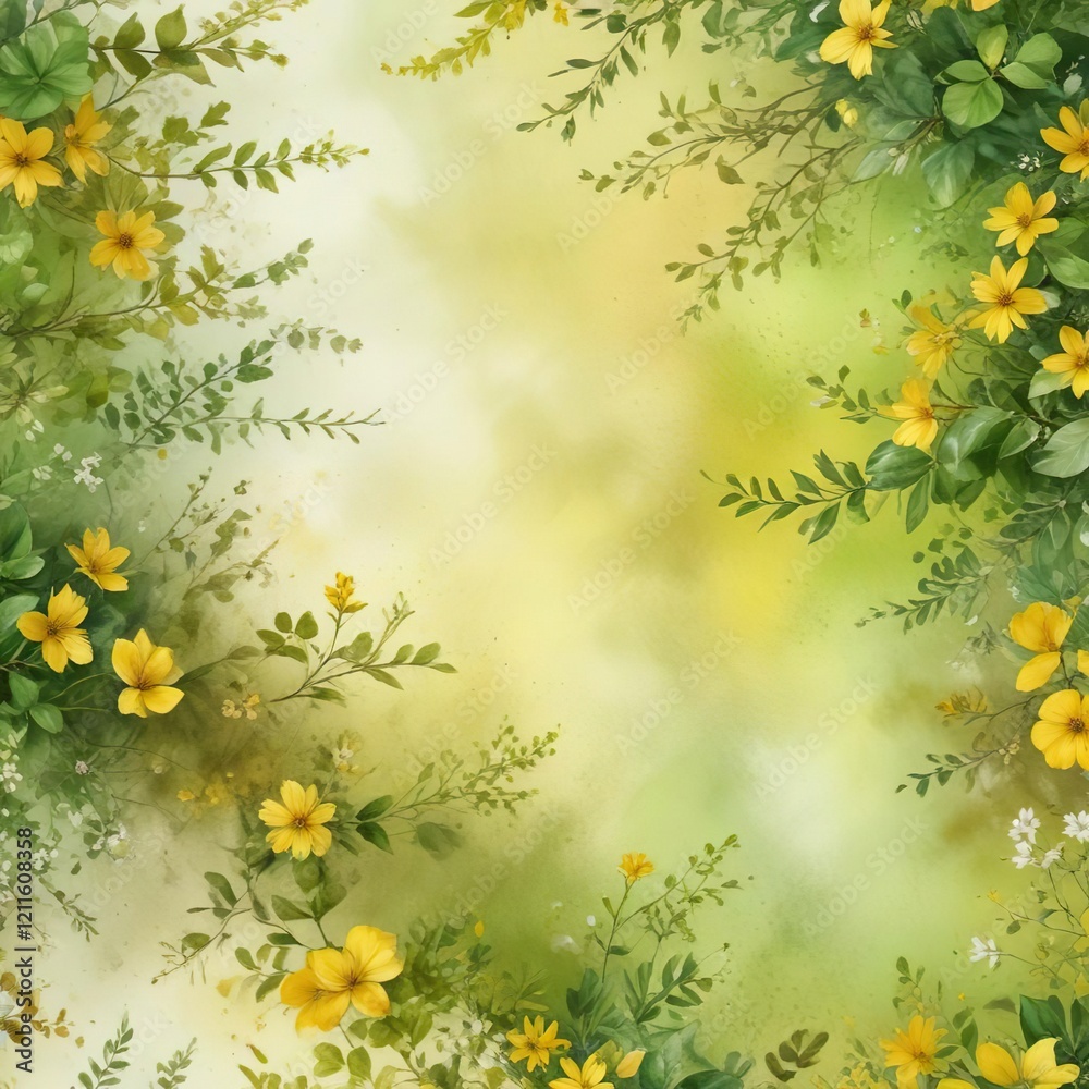Obraz premium Blooming flowers in a yellow and green watercolor background spring landscape with a few scattered leaves on the ground, trees, green background
