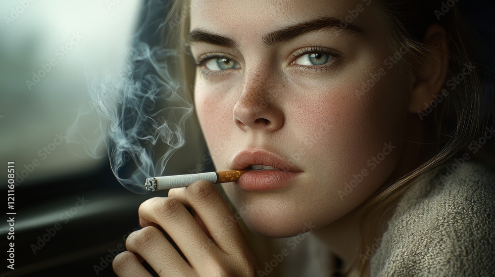 Obraz premium A young woman smoking in a car urban setting portrait photography intimate atmosphere close-up contemplation
