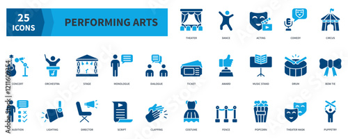 Performing Arts  Icon Collection Set. Containing theater, dance, acting, comedy, concert, orchestra, stage Icon. Simple Flat Vector. Blue Color Style
