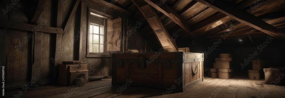 Dark and musty attic space with old trunks and boxes, cluttered, attic Dark and musty attic space with old trunks and boxes, cluttered, attic