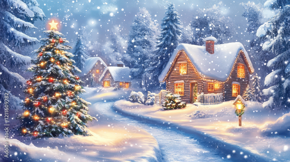 Fototapeta premium Snowy Village with Christmas Tree and Cozy Lights