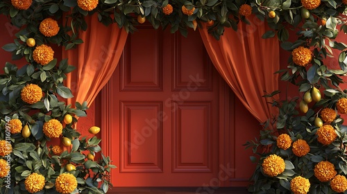 Orange Marigolds and Lemons Draped Over a Red Doorway