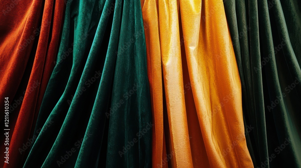 Fototapeta premium Create a rich, elegant close-up of velvet fabrics transitioning from emerald to amber, from above.