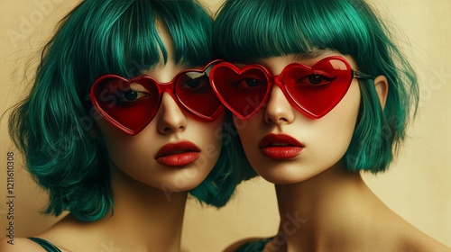 Twin models with green hair and heart glasses photo