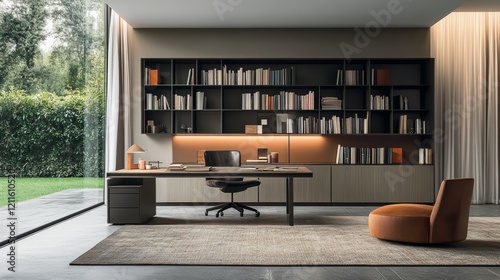 A contemporary home office with a minimalist bookshelf, open shelves offering a stylish and functional storage solution in the uncluttered space.