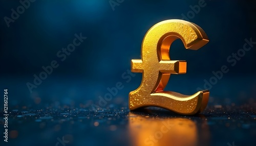 Golden pound sterling symbol glowing with light reflections, contrasting a dark blue backdrop