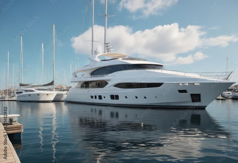 Fototapeta premium Elegant white yachts anchored in a posh waterfront setting, luxury, waterfront, boats, elegant