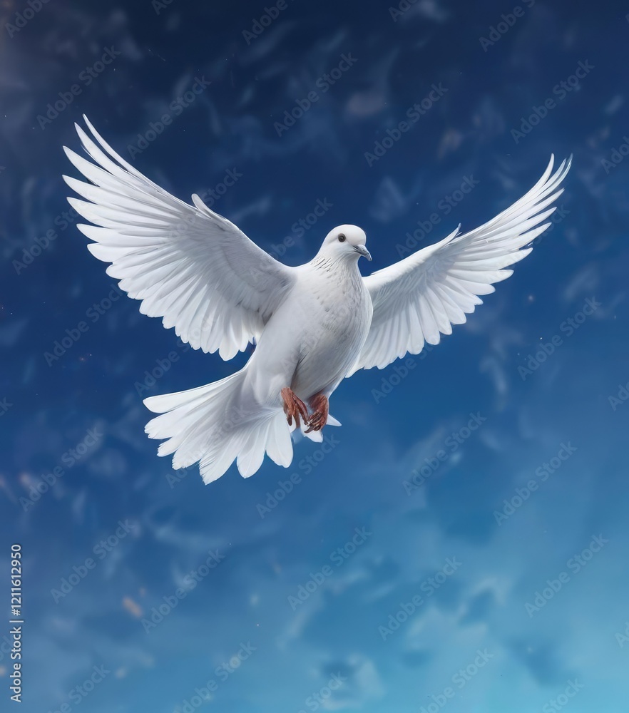 Fototapeta premium Elegant white dove flying on vibrant blue background, harmony, minimalist, serene, graceful, papercut