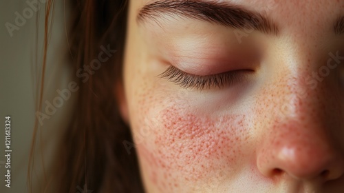 Red, irritated patches and rash marks cover a woman’s face in a close-up view, reflecting the effects of lupus and the urgent need for targeted dermatological treatment. photo