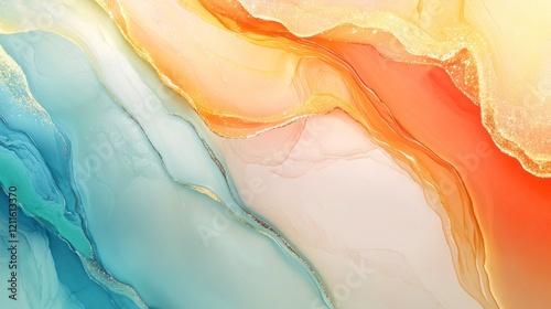 Abstract orange, teal alcohol ink art; fluid background, design texture