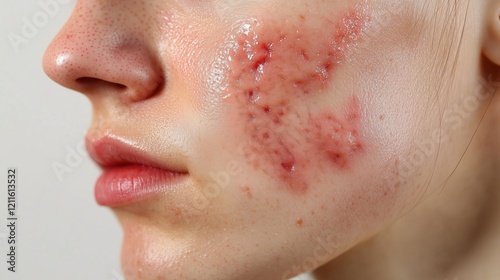 Red, irritated patches and rash marks cover a woman’s face in a close-up view, reflecting the effects of lupus and the urgent need for targeted dermatological treatment.