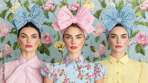 Colorful vintage fashion portraits of women with bow headbands floral background lifestyle indoor front view style inspiration