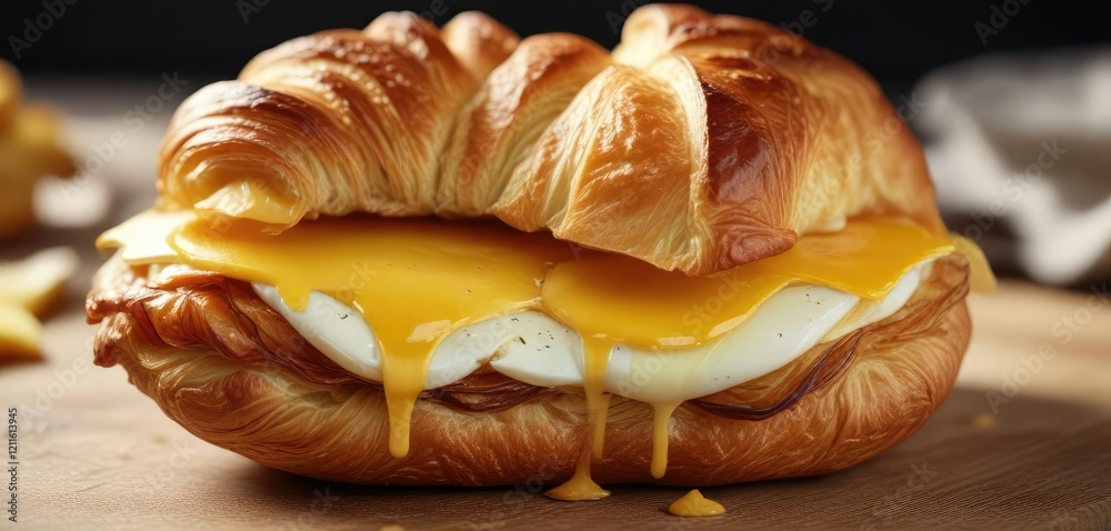 Flaky layers of croissant pastry with a gooey egg and cheese center , delicious food, food presentation