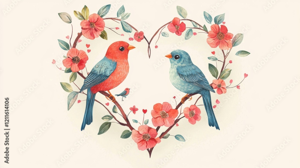 A whimsical illustration of two colorful birds nestled in a heart-shaped arrangement of flowers, symbolizing love and nature's beauty. A whimsical illustration of two colorful birds nestled in a heart-shaped arrangement of flowers, symbolizing love and nature's beauty.