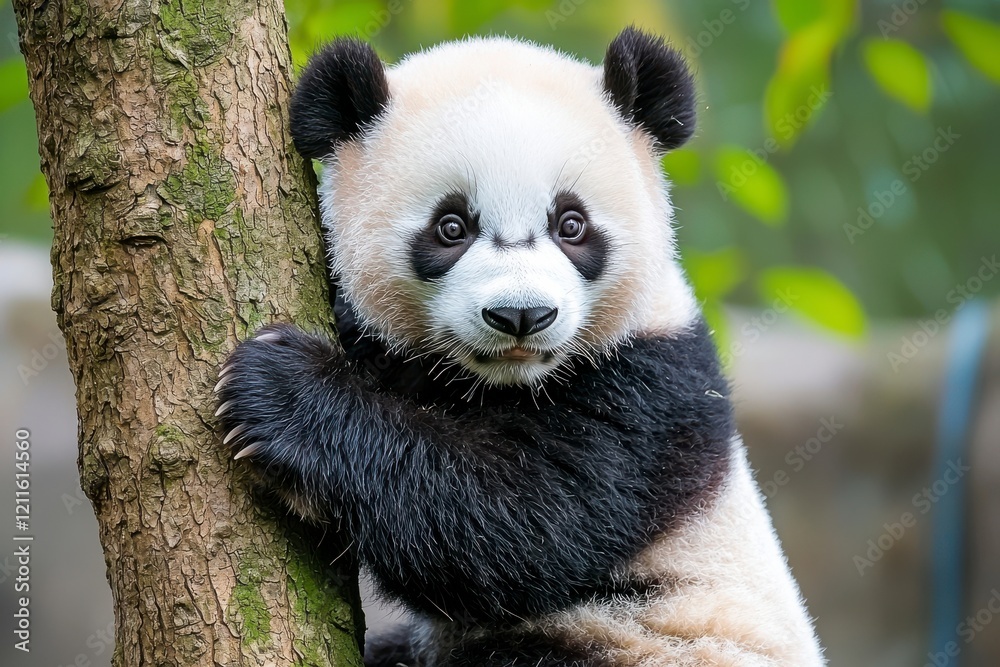 A cute panda clings to a tree, displaying its characteristic black and white fur while surrounded by lush greenery. A cute panda clings to a tree, displaying its characteristic black and white fur while surrounded by lush greenery.