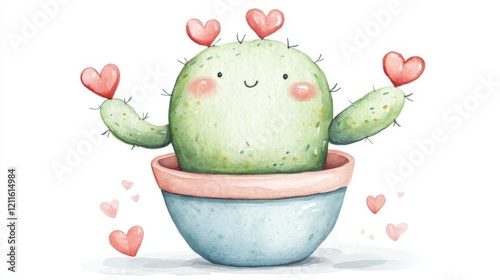 A cute, cartoonish cactus with hearts, symbolizing love and joy. Perfect for nature lovers and as a decorative art piece for home or office. photo