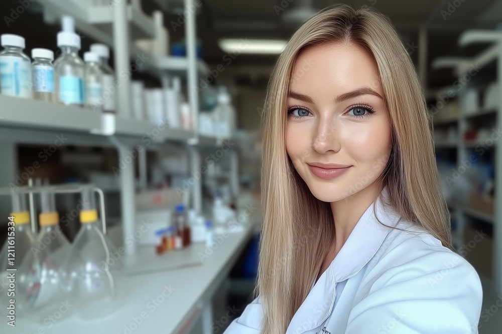 Portrait of smiling female scientist in laboratory setting wearing lab coat, with glassware and shelves in background, conveying confidence and approachability