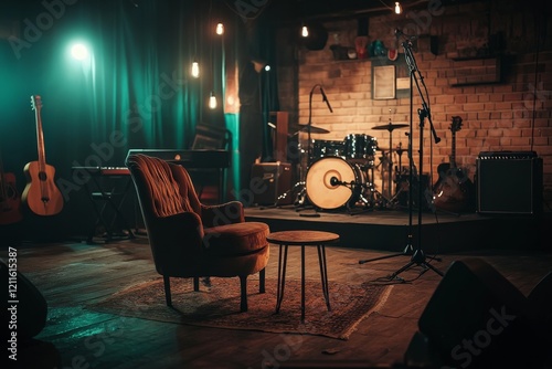 Empty music venue with instruments, stage, and armchair.