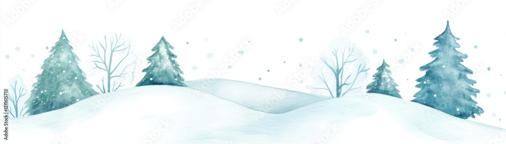 Fototapeta premium A serene winter landscape featuring snow-covered hills and evergreen trees, creating a peaceful and tranquil atmosphere in a snowy environment.