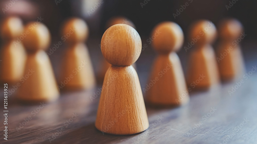 Wooden Figurines in a Row: A row of wooden figurines, each with a simple, rounded form, stands in a close-up image, highlighting the concept of unity and collaboration. Wooden Figurines in a Row: A row of wooden figurines, each with a simple, rounded form, stands in a close-up image, highlighting the concept of unity and collaboration.