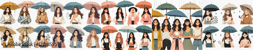 vector set of beautiful women holding umbrellas