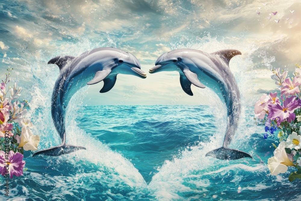 Fototapeta premium Two dolphins gracefully leap through vibrant waves, creating a heart shape. Surrounded by colorful flowers, this serene scene captures nature's beauty.