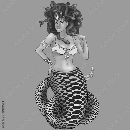concept art of the Gorgon Medusa character in black and white