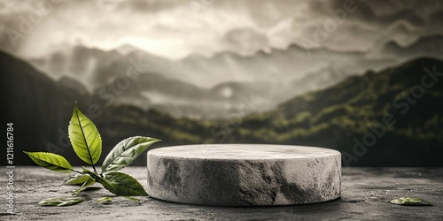 Natural Stone Slab Desk Setting with Soothing Tea Plantation Backdrop. Product display background, stone table, tea plantation, natural setting, green leaves