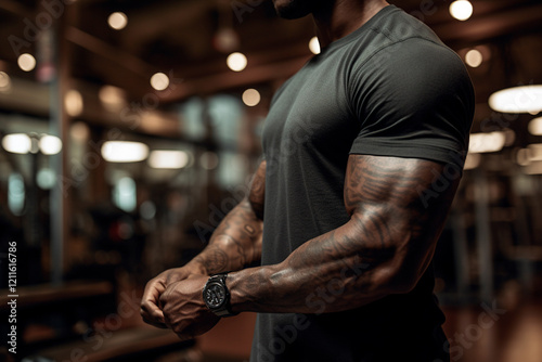 Robust and well-trained shoulders of athlete with bodybuilder structure
