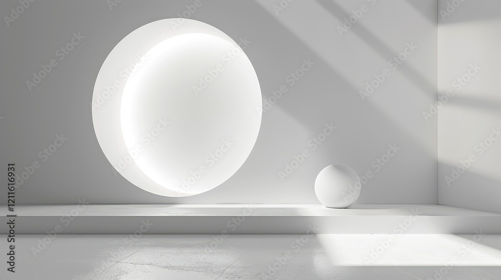 A minimalistic interior featuring a circular light and a spherical object in a serene space. A minimalistic interior featuring a circular light and a spherical object in a serene space.