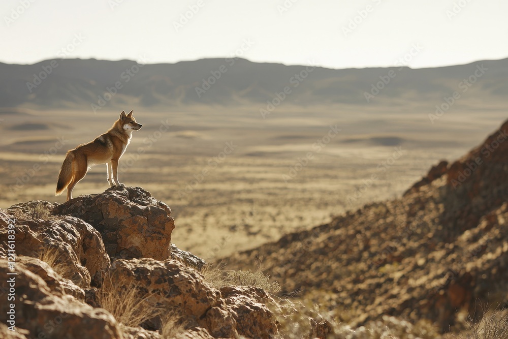 dingo standing alert on a rocky outcrop, surveying the vast expanse of the Australian desert. dingo standing alert on a rocky outcrop, surveying the vast expanse of the Australian desert.