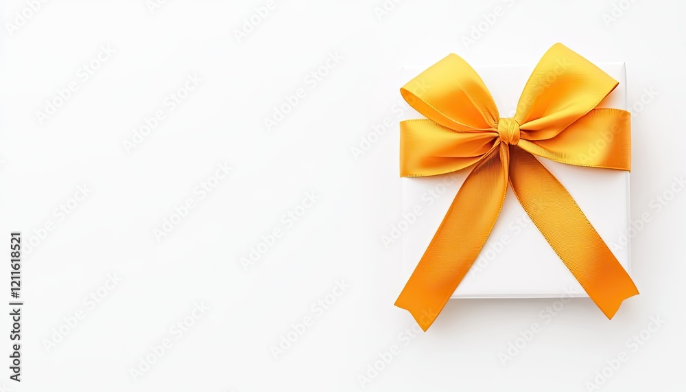 A beautifully wrapped white gift box adorned with a vibrant orange bow on a clean surface A beautifully wrapped white gift box adorned with a vibrant orange bow on a clean surface