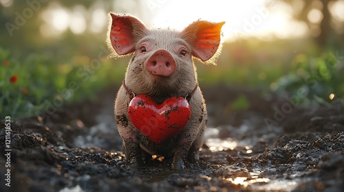 Wallpaper Mural Mud-covered piglet with heart-shaped pendant in sunset. Torontodigital.ca