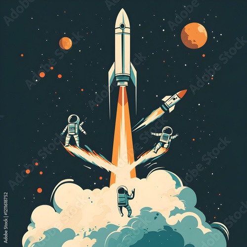 Cosmic Launch: Three Astronauts joyfully celebrate a rocket launch amidst a vibrant space scene, showcasing teamwork and adventure in a retro-futuristic style. 