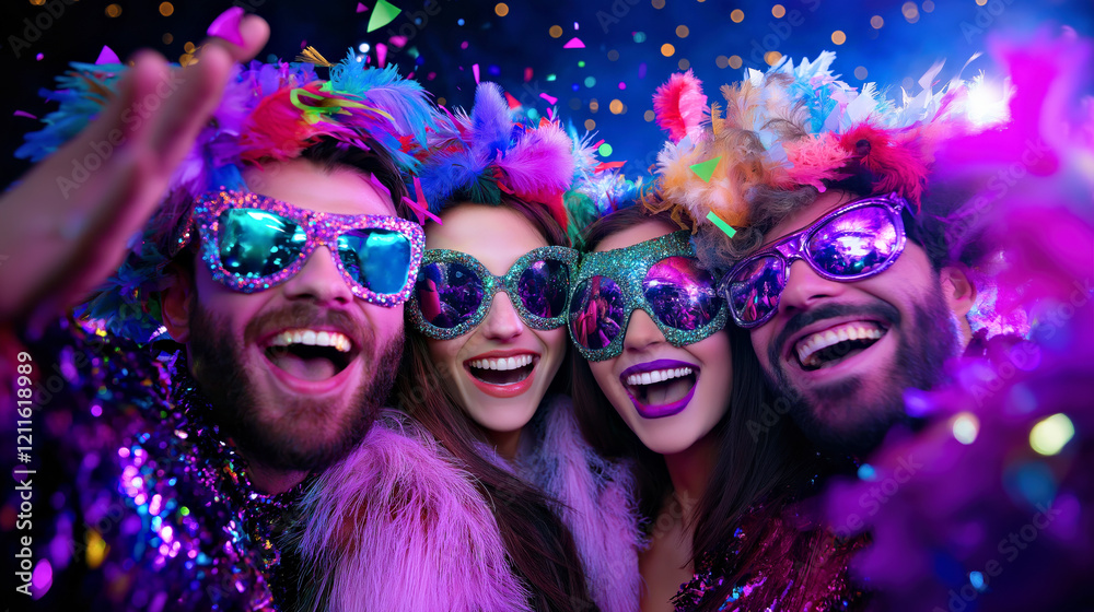 Fototapeta premium Vibrant Group Celebrating in Colorful Costumes and Glitter at a Nighttime Party. Mardi Gras concept