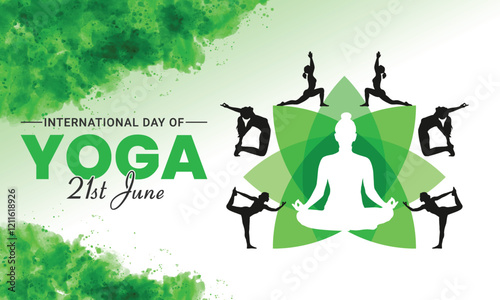 International Day of Yoga 21st June Background with Green Watercolor, Vector Silhouettes of Women meditating and practicing yoga poses. Suitable for Banner, poster, templates