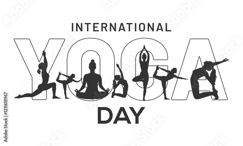 International Yoga Day background with vector silhouettes of women meditating and practicing yoga poses. Suitable for banner, poster, templates etc