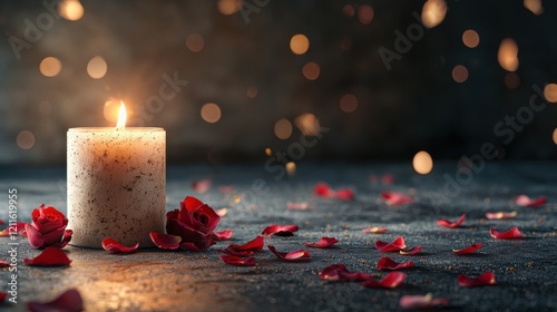 Romantic setting candlelit table photography intimate atmosphere close-up red and pink rose petals surrounding a glowing candle for a cozy ambiance