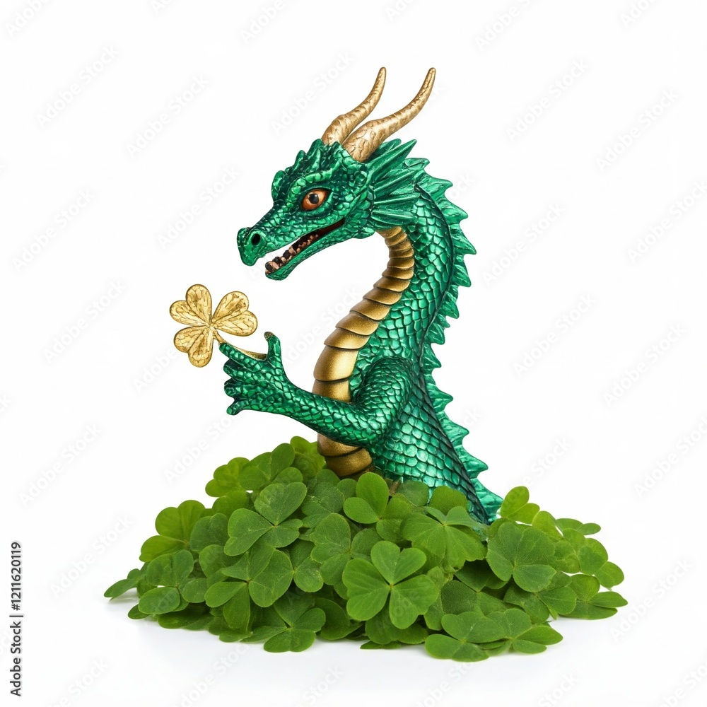 Fototapeta premium green dragon figurine holding a gold shamrock surrounded by green clover leaves on a white background